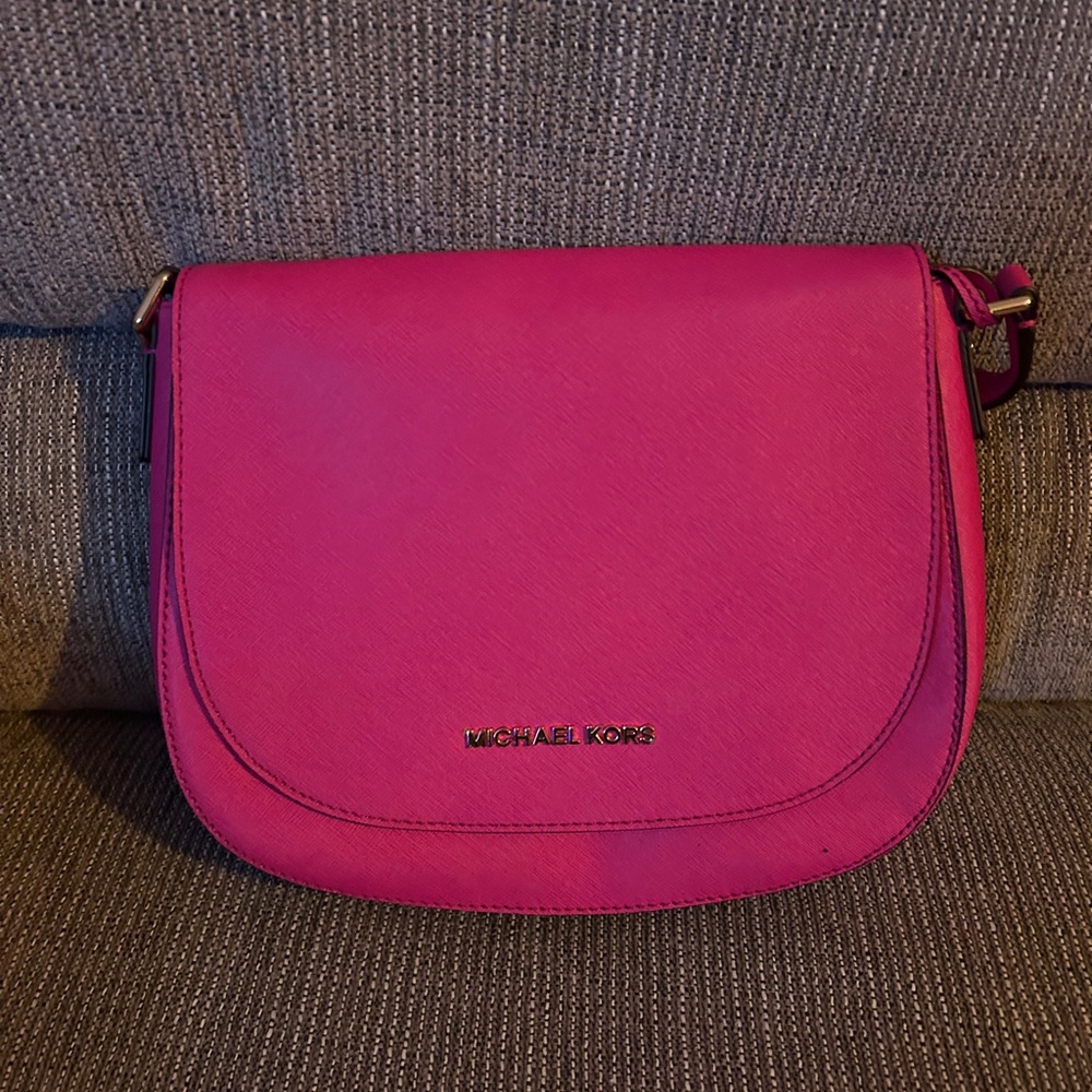 Michael Kors Fuchsia Saffiano Crossbody Saddle Bag